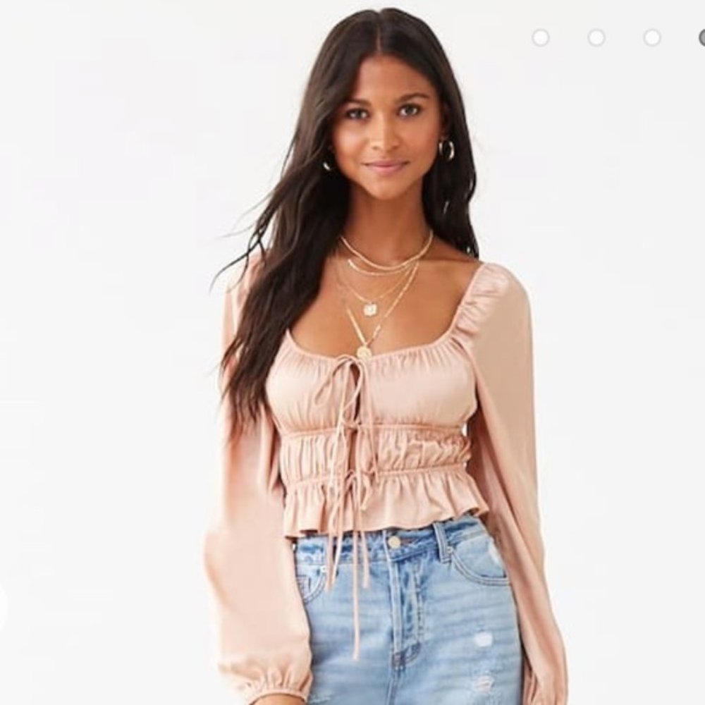 Forever21 Shirred Satin Blouse in Blush, Size S